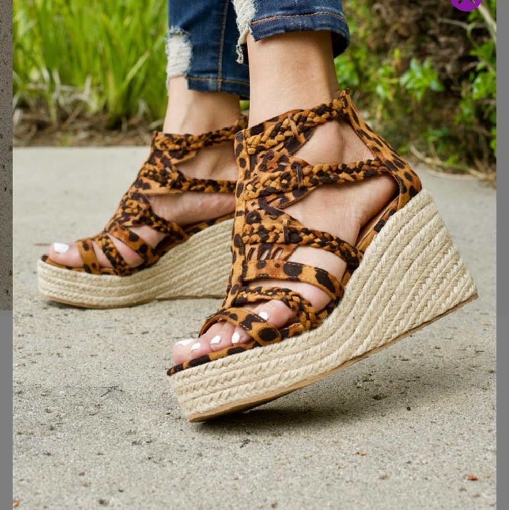 Tan Leopard Woven Spring Wedge Sandal